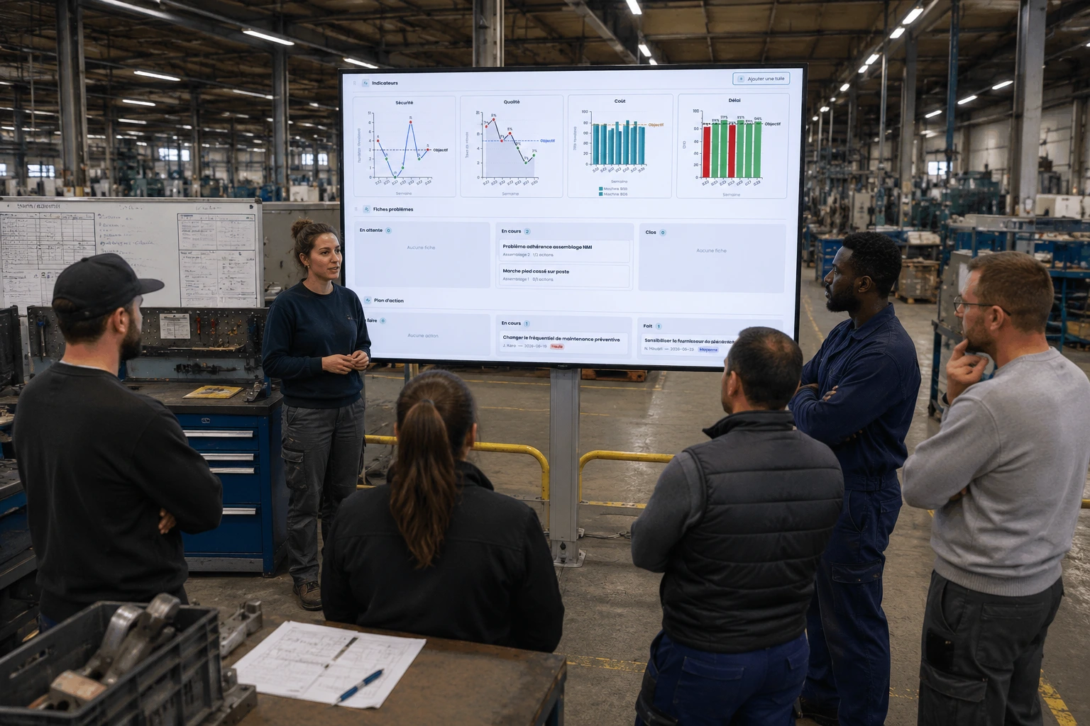 Équipe industrielle réunie pour son rituel AIC quotidien : pilotage visuel au plus près du terrain pour suivre la performance et les irritants