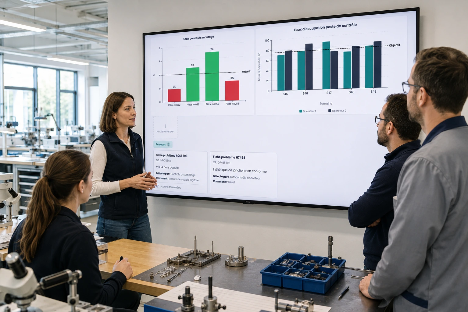 Équipe industrielle pilotant un QRQC autour d'un tableau visuel en atelier : Kaizain accompagne le rituel terrain sans le remplacer