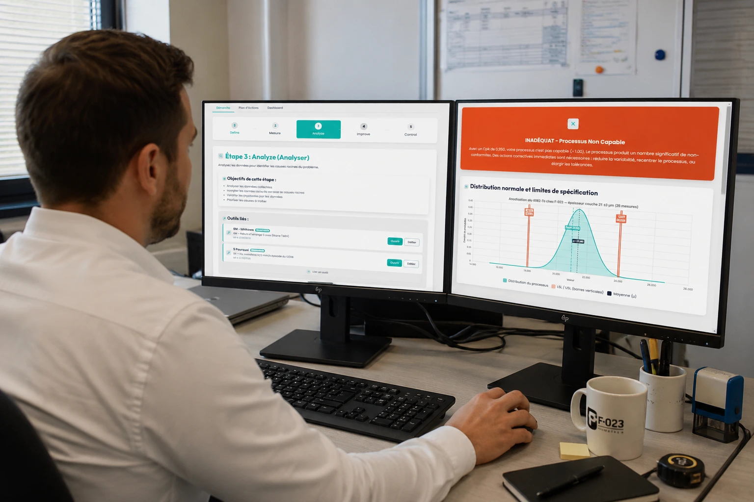 Équipe d'amélioration continue suivant un projet DMAIC en revue de pilotage : passage en revue des étapes Define, Measure, Analyze, Improve, Control