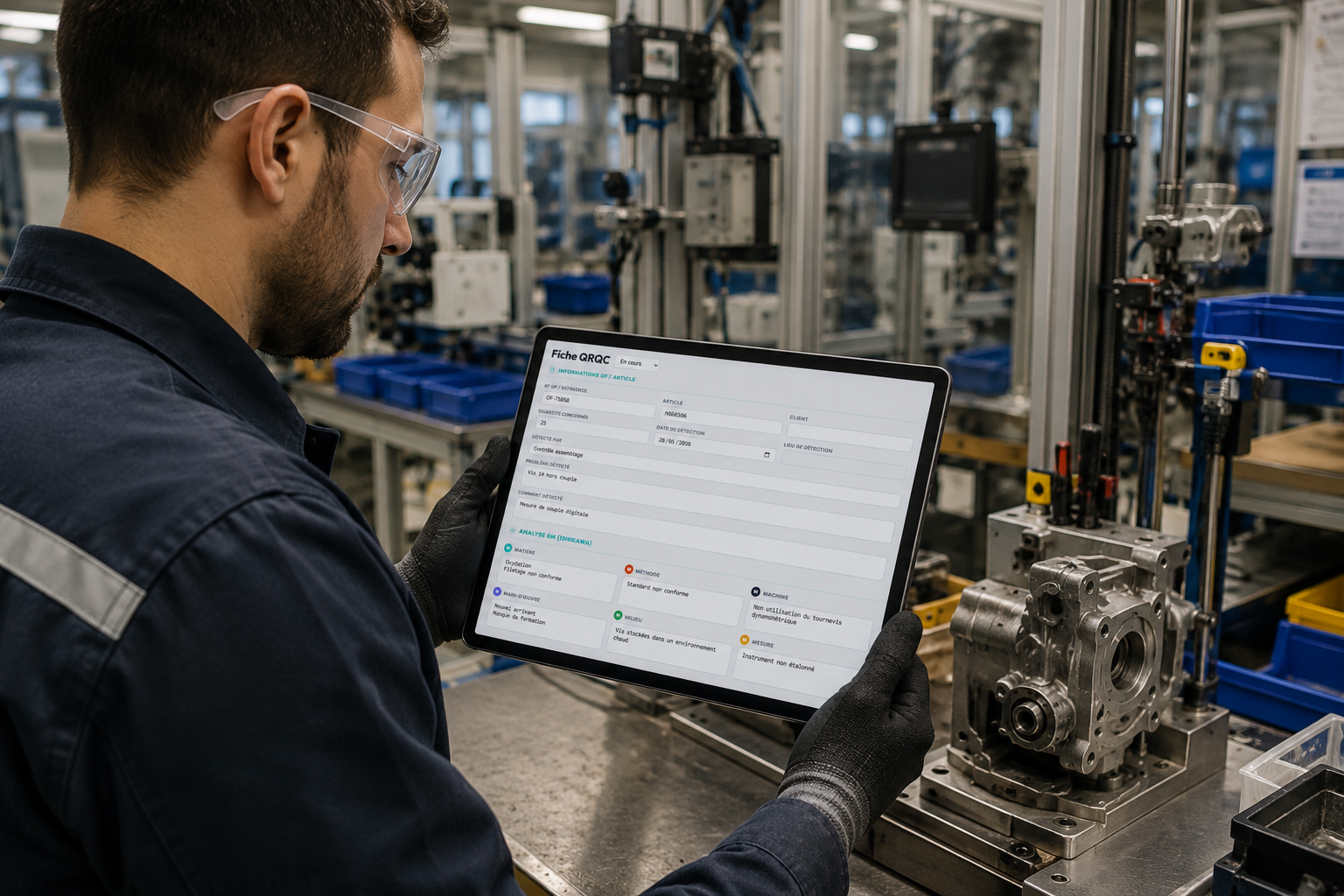 Opérateur industriel consultant une fiche QRQC au poste